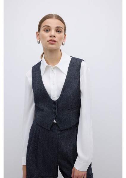 Yün Karışımlı U Yaka Önü Düğmeli Yelek Lacivert K2617015_015