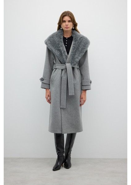 Çıkarılabilir Kürk Yakalı Kruvaze Yün Kaban Gri K2619001_004