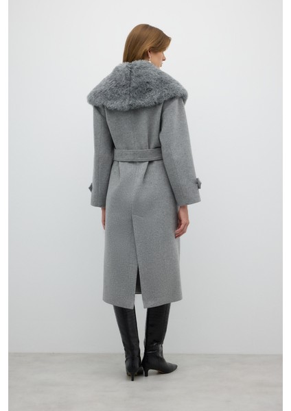 Çıkarılabilir Kürk Yakalı Kruvaze Yün Kaban Gri K2619001_004 fiyatları
