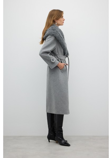 Çıkarılabilir Kürk Yakalı Kruvaze Yün Kaban Gri K2619001_004 modelleri