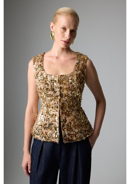 Bele Oturan Kare Yaka Payetli Yelek Gold K2617018_076