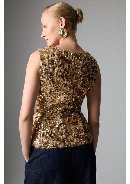 Bele Oturan Kare Yaka Payetli Yelek Gold K2617018_076 fiyatları