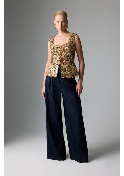 Bele Oturan Kare Yaka Payetli Yelek Gold K2617018_076 fırsatları