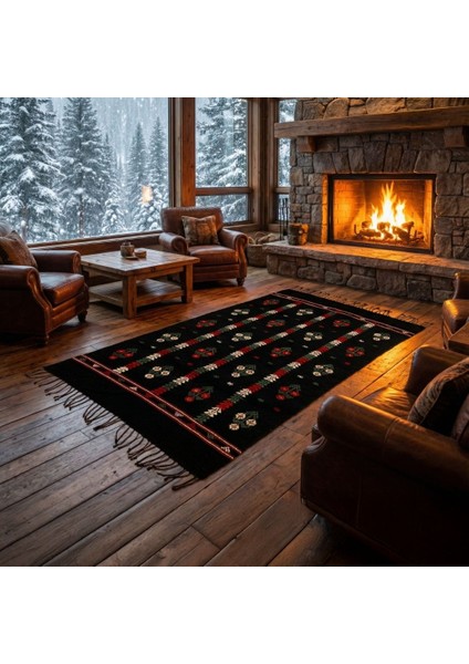 Üç Güller Motifli Siyah El Dokuma Kilim 130X68 cm Geleneksel El Işçiliği
