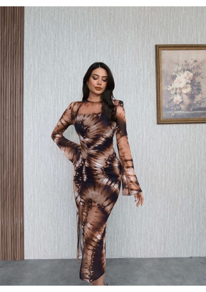 Kahve Vatkalı Desenli Tül Elbise fırsatları