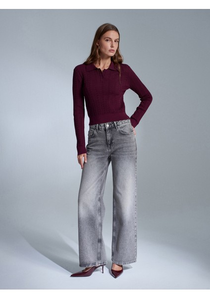 10827 Polo Yaka Ince Triko Bluz-Bordo