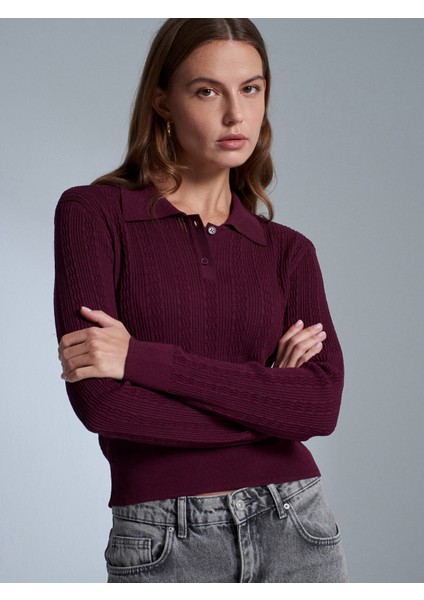 10827 Polo Yaka Ince Triko Bluz-Bordo indirimleri