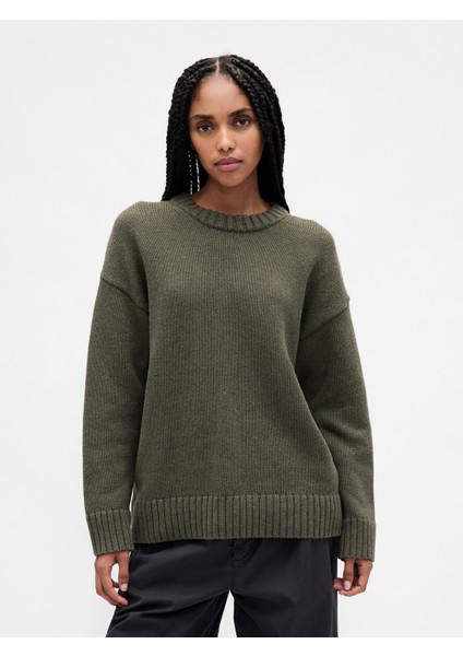 Kadın Yeşil 100% Pamuk Oversize Kazak