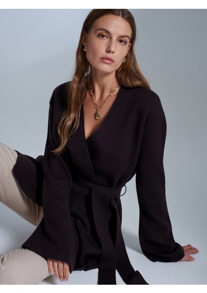 61002 Kruvaze Kemerli Yün Karışımlı Triko Hırka-Koyu Kahve