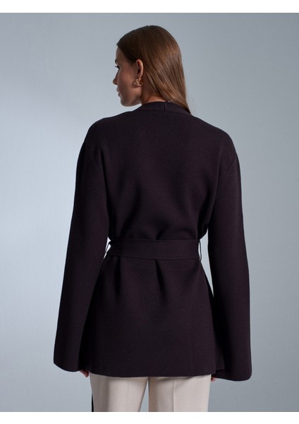 61002 Kruvaze Kemerli Yün Karışımlı Triko Hırka-Koyu Kahve fiyatları