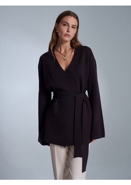 61002 Kruvaze Kemerli Yün Karışımlı Triko Hırka-Koyu Kahve modelleri