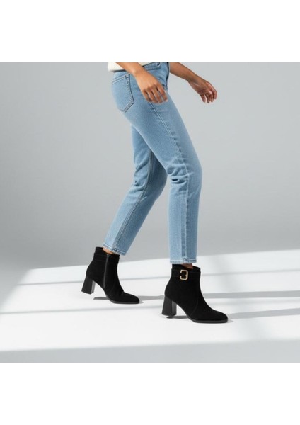 Siyah Süet Hakiki Deri Tokalı Kalın Topuklu Kadın Bot
