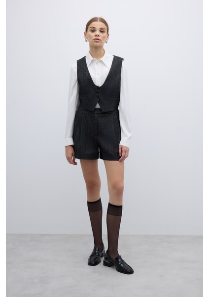 Yün Karışımlı Çift Pileli Şort Siyah K2612603_001