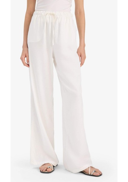 Wide Leg Çift Cepli Beli Lastikli Standart Boy Keten Karışımlı Beyaz Pantolon E1981AX25SM