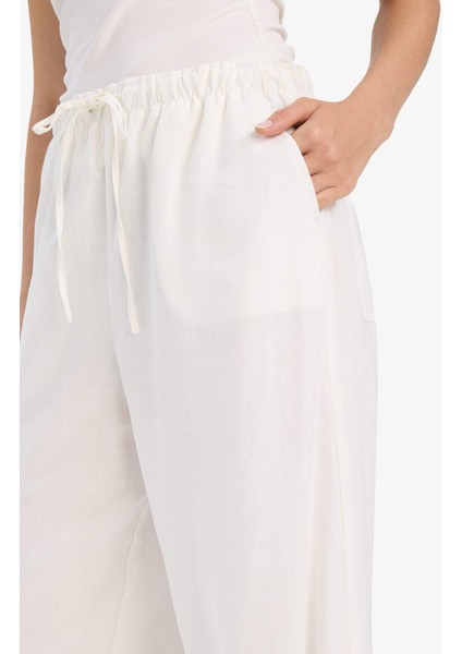 Wide Leg Çift Cepli Beli Lastikli Standart Boy Keten Karışımlı Beyaz Pantolon E1981AX25SM