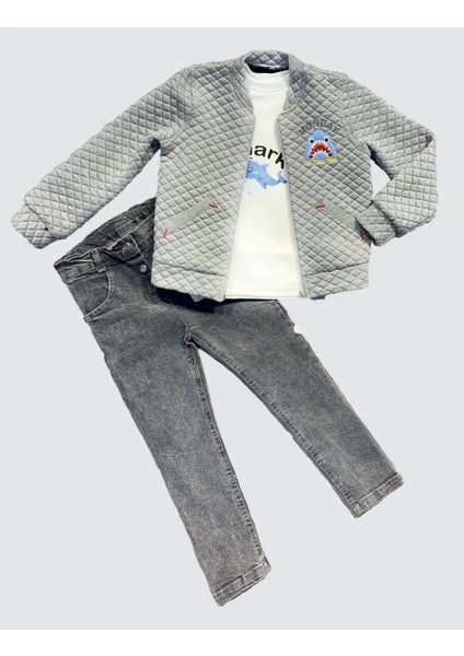 4-5-6 Yaş Kot Pantolonlu Pilot Mont Uzun Kollu Penye Sweat 3lü Erkek Çocuk Takımı Gri