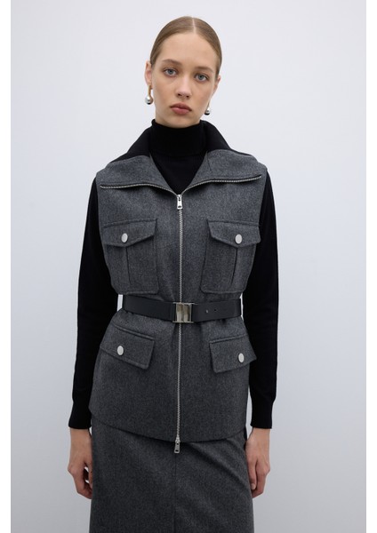 %100 Yün Beli Seyyar Kemerli Fermuarlı Yelek Koyu Gri K2617012_058