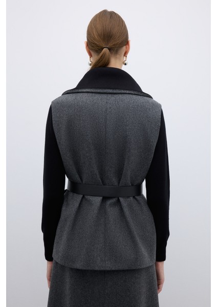 %100 Yün Beli Seyyar Kemerli Fermuarlı Yelek Koyu Gri K2617012_058 fiyatları