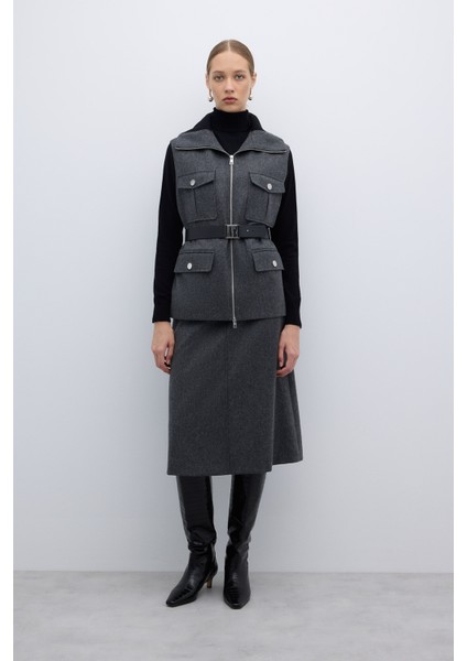 %100 Yün Beli Seyyar Kemerli Fermuarlı Yelek Koyu Gri K2617012_058 modelleri