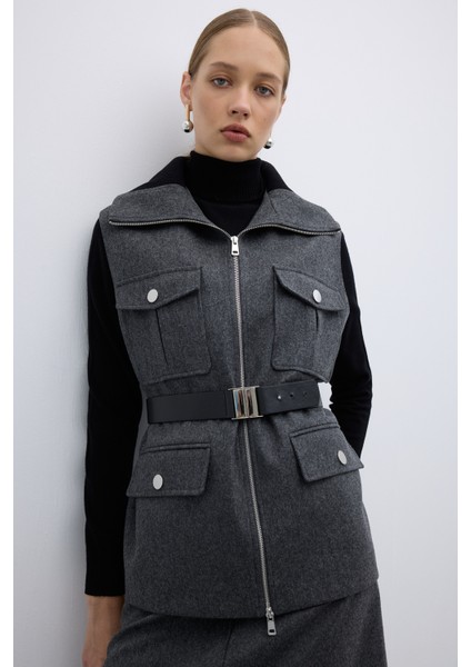 %100 Yün Beli Seyyar Kemerli Fermuarlı Yelek Koyu Gri K2617012_058 fırsatları