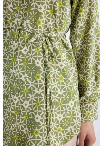 Regular Fit Desenli Kuşaklı Uzun Kollu Tesettür Gömlek Tunik