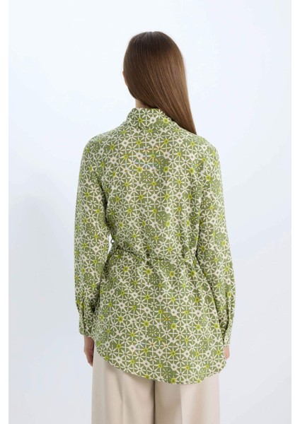 Regular Fit Desenli Kuşaklı Uzun Kollu Tesettür Gömlek Tunik