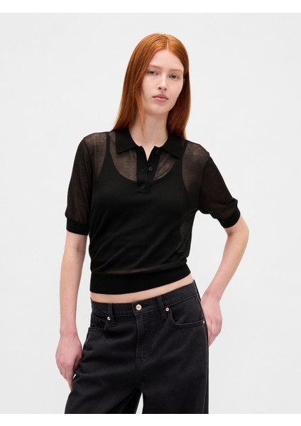 Kadın Siyah Şeffaf Kısa Polo Kazak