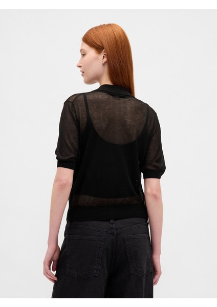 Kadın Siyah Şeffaf Kısa Polo Kazak fırsatları