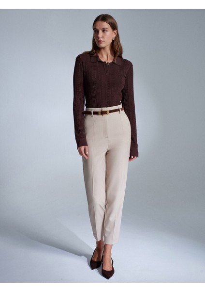 72198 Kemerli Yüksek Bel Pantolon-Taş