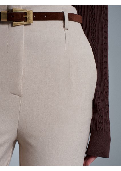72198 Kemerli Yüksek Bel Pantolon-Taş fırsatları