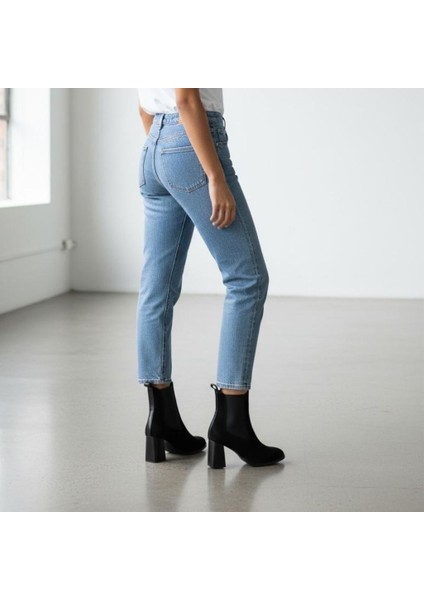 Siyah Süet Hakiki Deri Iki Yandan Lastikli Kadın Kare Burunlu Kalın Topuklu Bot fiyatları