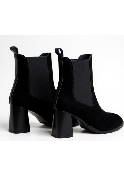 Siyah Süet Hakiki Deri Iki Yandan Lastikli Kadın Kare Burunlu Kalın Topuklu Bot indirimleri