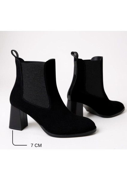 Siyah Süet Hakiki Deri Iki Yandan Lastikli Kadın Kare Burunlu Kalın Topuklu Bot