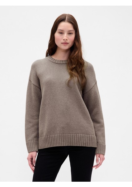 Kadın Kahverengi 100% Pamuk Oversize Kazak