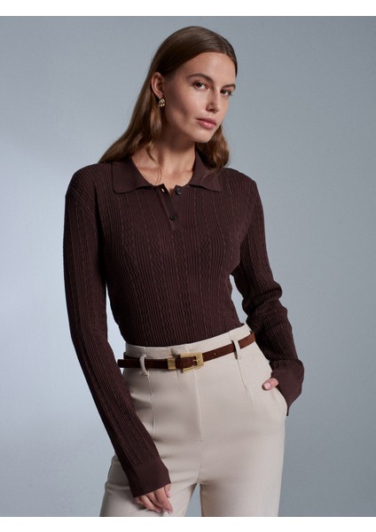 10827 Polo Yaka Ince Triko Bluz-Kahve