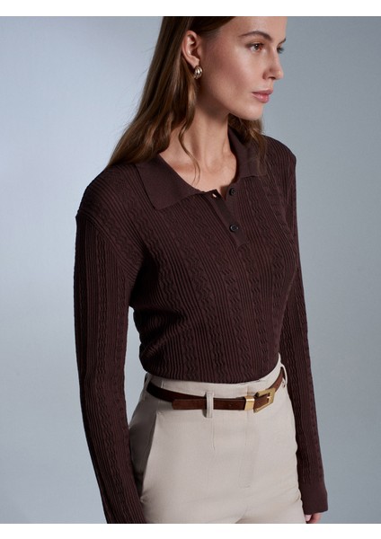 10827 Polo Yaka Ince Triko Bluz-Kahve modelleri