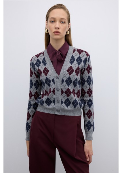 V Yaka Baklava Desenli Triko Hırka Standart Renk K2671019_089