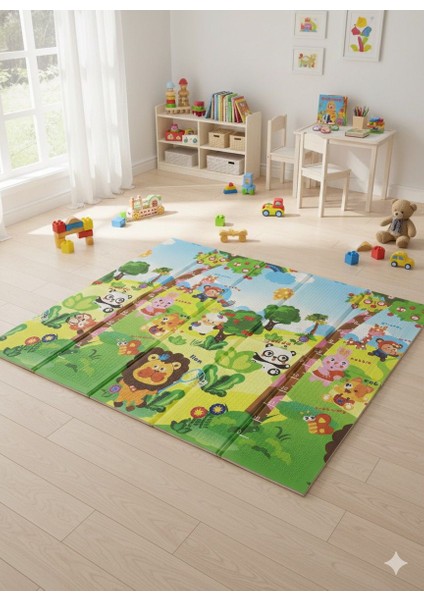 Katlanabilir Çift Taraflı Eğitici Çocuk Oyun Matı, Halısı 180X150 (Taşıma Çantalı) - Aslan Kral
