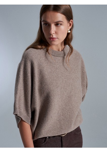 10843 Yün Karışımlı Yarasa Kollu Triko Kazak-Vizon