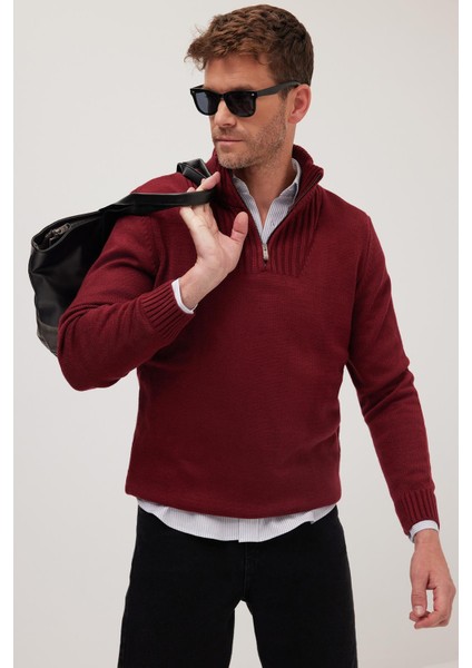 Erkek 3'lü Paket Zümrüt Yeşili-Bordo-Yeşil Slim Fit Dar Kesim Fermuarlı Dik Yaka Triko Kazak modelleri