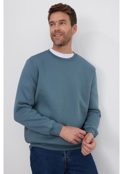 Unisex 3'lü Paket Yeşil-Gri-Kahverengi Relax Fit Pamuklu İçi Polarlı Bisiklet Yaka Sweatshirt modelleri