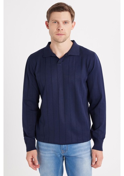 Erkek Slim Fit Dar Kesim Uzun Kol Polo Yaka Çizgili Lacivert Kazak fırsatları