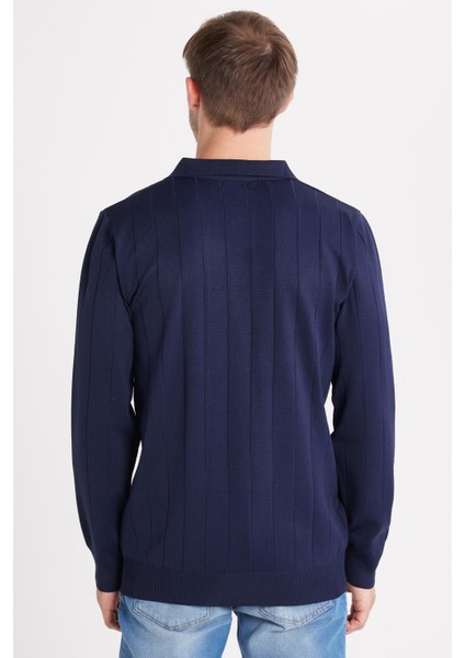 Erkek Slim Fit Dar Kesim Uzun Kol Polo Yaka Çizgili Lacivert Kazak indirimleri