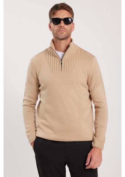 Erkek Slim Fit Dar Kesim Armürlü Fermuarlı Taş Dik Yaka Kazak fırsatları