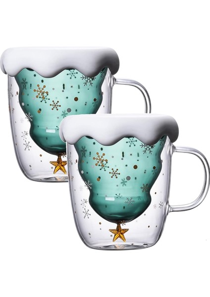 2 Paket Noel Kupalar Çift Duvarlı Borosilikat Noel Kupa Seti Kar Tanesi Kapaklı 300ML Kahve Için Sevimli Kupalar (Yurt Dışından)