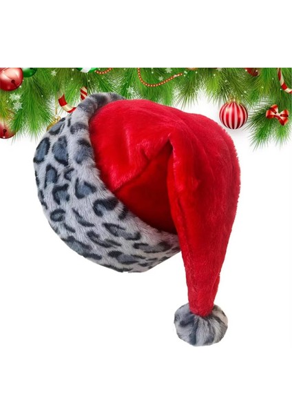 Noel Noel Baba Şapkası Çift Katmanlı Şık Yumuşak Leopar Baskı Peluş Noel Baba Şapkası Fotoğraf Geçit Töreni Cosplay Parti B (Yurt Dışından)