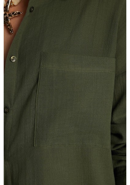 Kadın Oversize Geniş Kesim %100 Pamuk Müslin Kumaş Uzun Kollu Cepli Dokulu Haki Gömlek fiyatları
