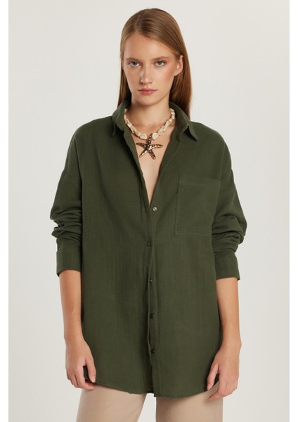 Kadın Oversize Geniş Kesim %100 Pamuk Müslin Kumaş Uzun Kollu Cepli Dokulu Haki Gömlek fırsatları