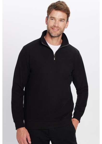 Unisex Relax Fit Rahat Kesim Fitilli Pamuklu Yarım Fermuarlı Siyah Dik Yaka Sweatshirt fiyatları