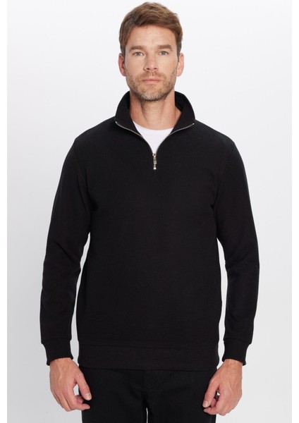 Unisex Relax Fit Rahat Kesim Fitilli Pamuklu Yarım Fermuarlı Siyah Dik Yaka Sweatshirt modelleri
